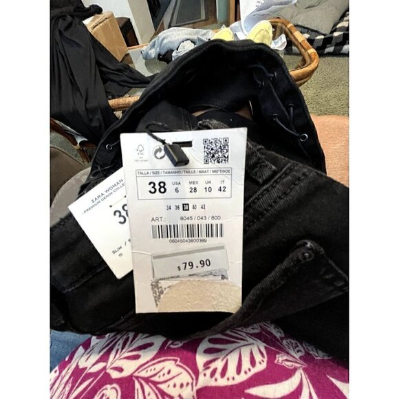 Women's Zara Black Denim Jeans, Size 6, Slim Fit, Skinny Leg, Laced Sides - Picture 5 of 9